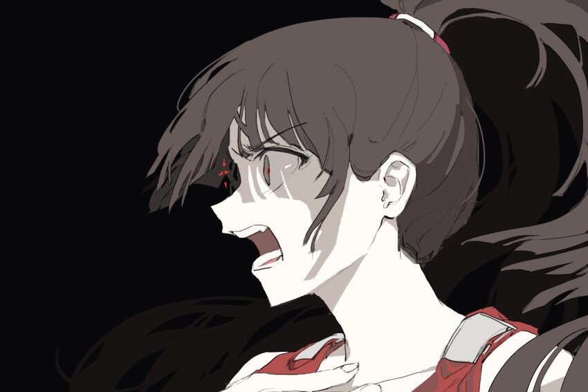 1girl, black_background, brown_eyes, brown_hair, commentary, from_side, hand_on_own_chest, korean_commentary, kumazaki_karen, long_hair, open_mouth, pale_skin, ponytail, red_pupils, red_shirt, saibou_shinkyoku, shirt, shouting, simple_background, solo, zinc_30_2
