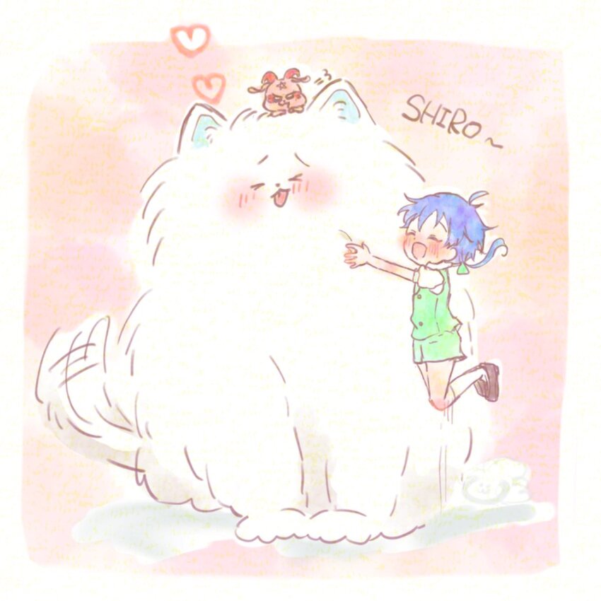 >_<, 1boy, 1other, 4uhfl2sgmny6nif, animal, blue_hair, blush, brown_footwear, chibi, child, closed_eyes, demon, demon_horns, dog, green_overalls, green_shorts, grim_(dai_nana_oji), highres, horns, hug, jumping, lloyd_de_saloum, motion_lines, open_mouth, overalls, oversized_animal, pentagram, ponytail, shiro_(dai_nana_oji), shirt, shorts, simple_background, socks, tail, tail_wagging, tensei_shitara_dai_nana_oji_datta_no_de:_kimama_ni_majutsu_o_kiwamemasu, tongue, tongue_out, white_shirt, white_socks