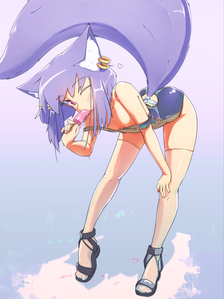 1girl, animal_ear_fluff, animal_ear_piercing, animal_ears, bent_over, black_sandals, bright_pupils, clothing_cutout