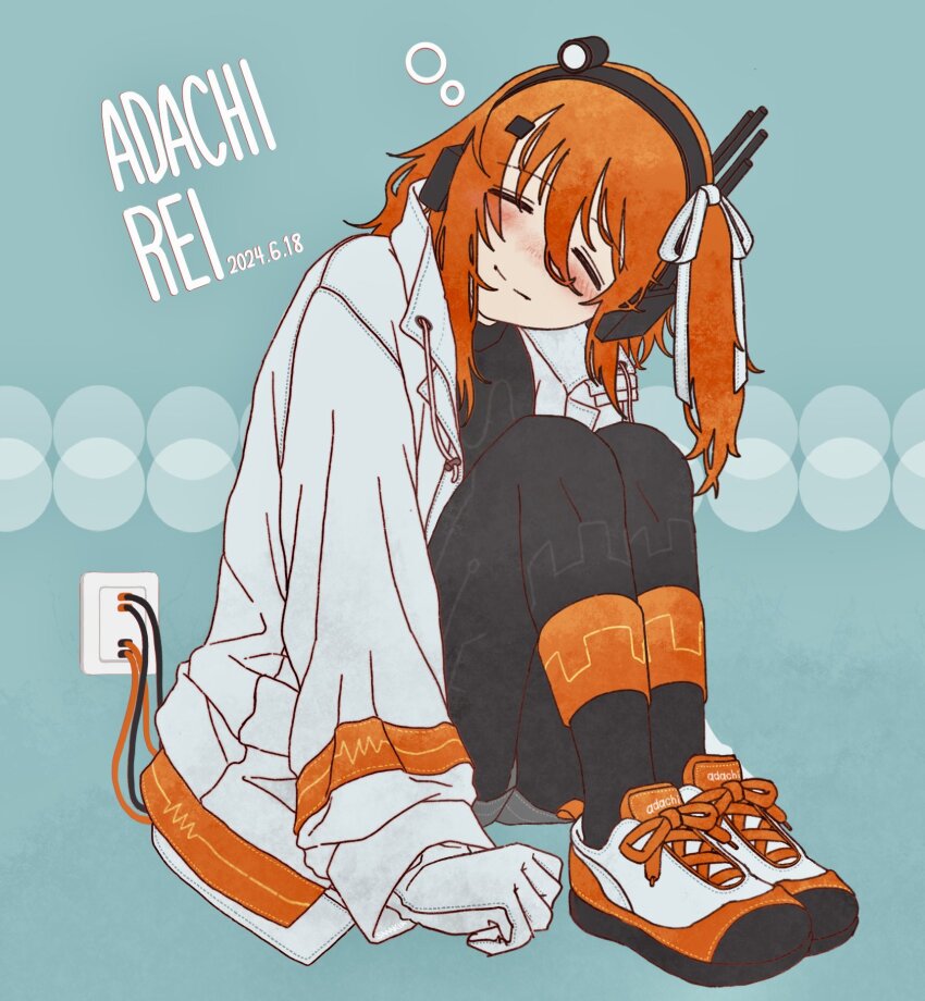 1girl, a.i._voice, adachi_rei, android, black_pantyhose, black_shirt, blue_background, blush