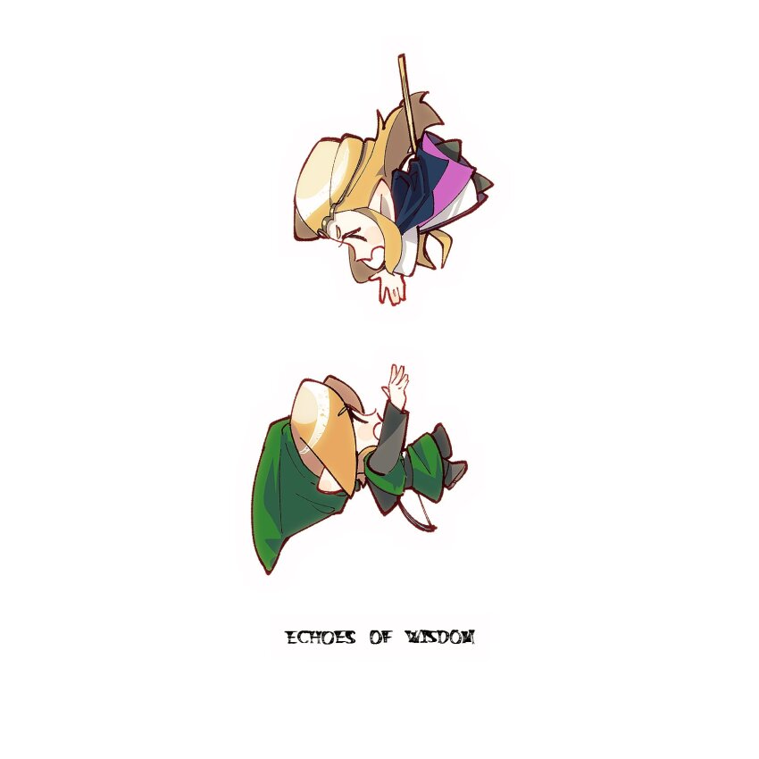 1boy, 1girl, blonde_hair, chibi, dress, english_text, green_tunic, highres