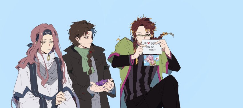 3boys, black_jacket, black_pants, black_shirt, blonde_hair, blue_background, blue_headband, blue_trim