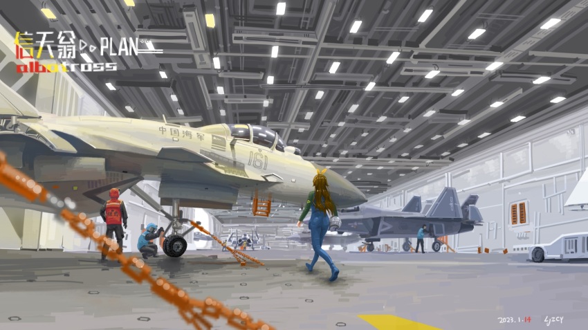 1girl, aircraft, airplane, blurry, blurry_foreground, brown_hair, ceiling_light, chengdu_j-20