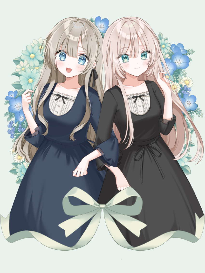 2girls, accurate_lolita_coord, aqua_eyes, black_bow, black_dress, blue_dress, blue_eyes, blunt_bangs