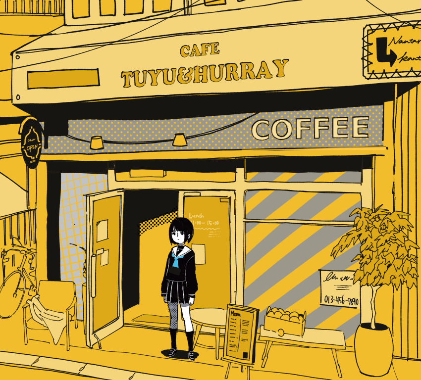 1girl, arrow_(symbol), bicycle, black_hair, black_serafuku, black_shoes, black_skirt, black_socks