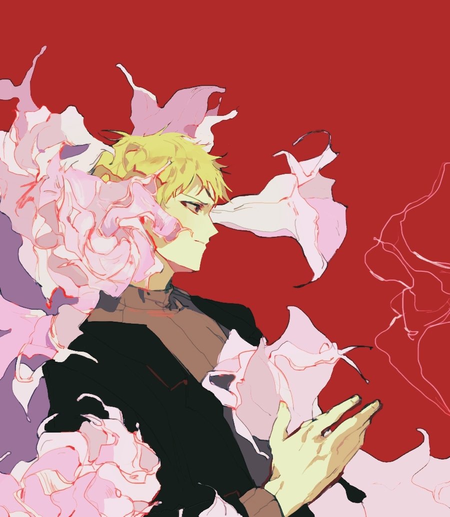 1boy, angel's_trumpet, atou_haruki, black_eyes, black_jacket, blonde_hair, brown_sweater, closed_mouth