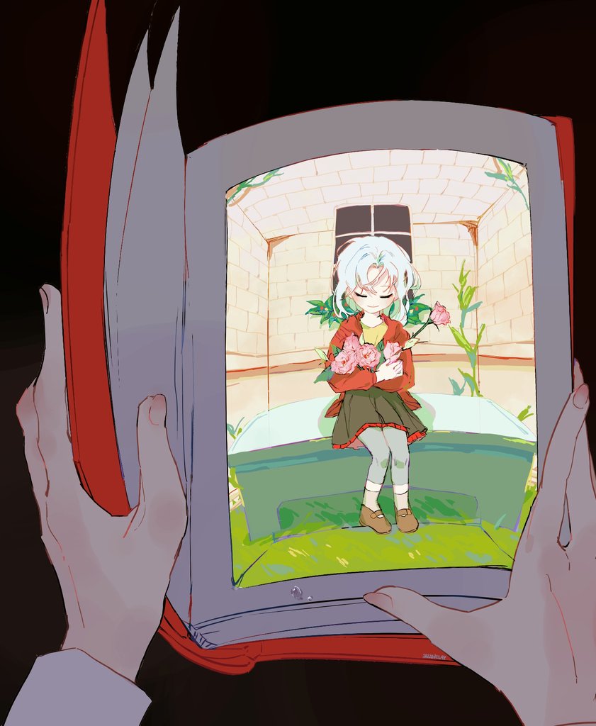 1girl, black_skirt, blue_hair, book, bouquet, brown_shoes, closed_eyes, closed_mouth