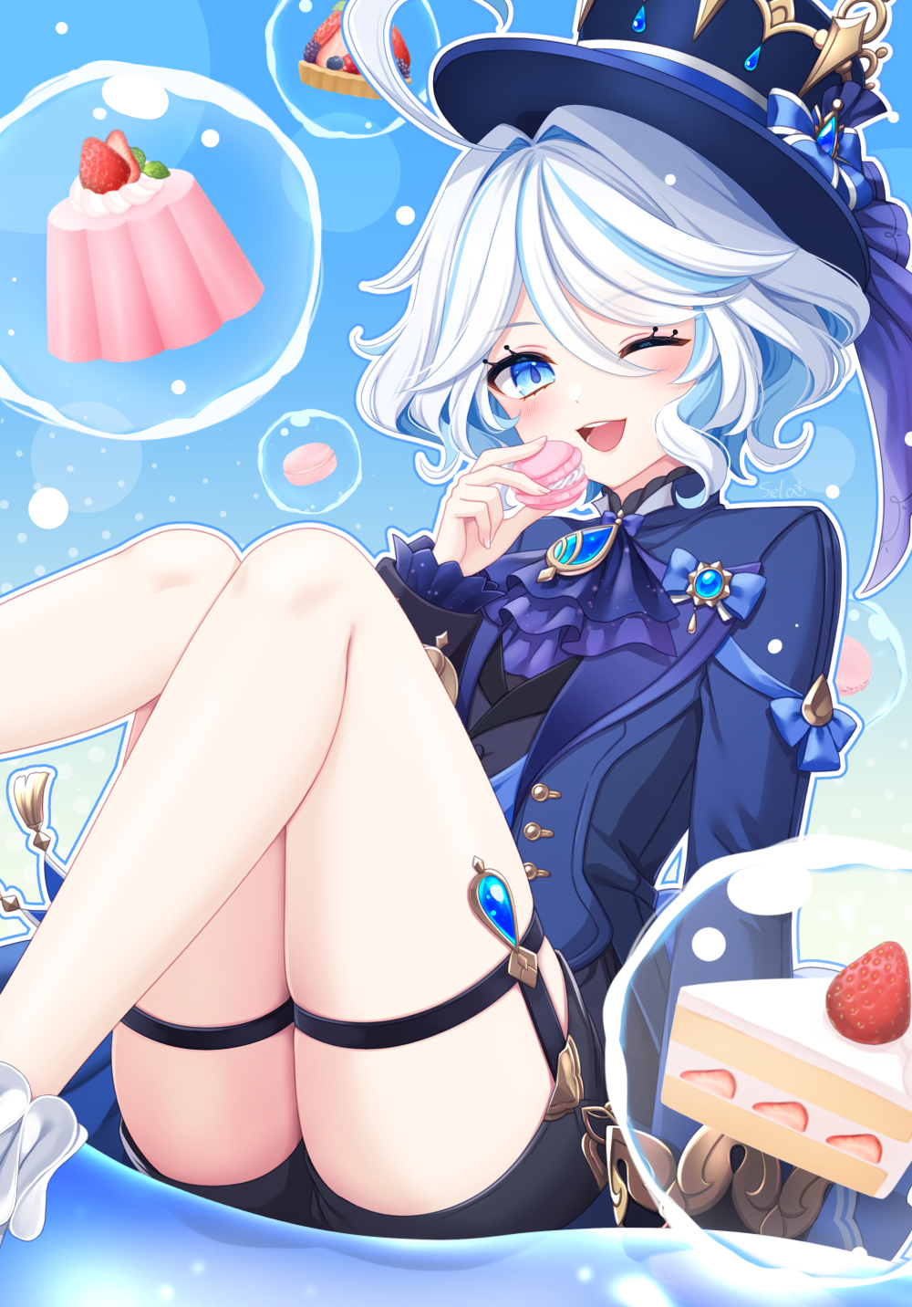 1girl, :d, ahoge, arm_support, artist_name, ascot, black_shorts, blackberry_(fruit)