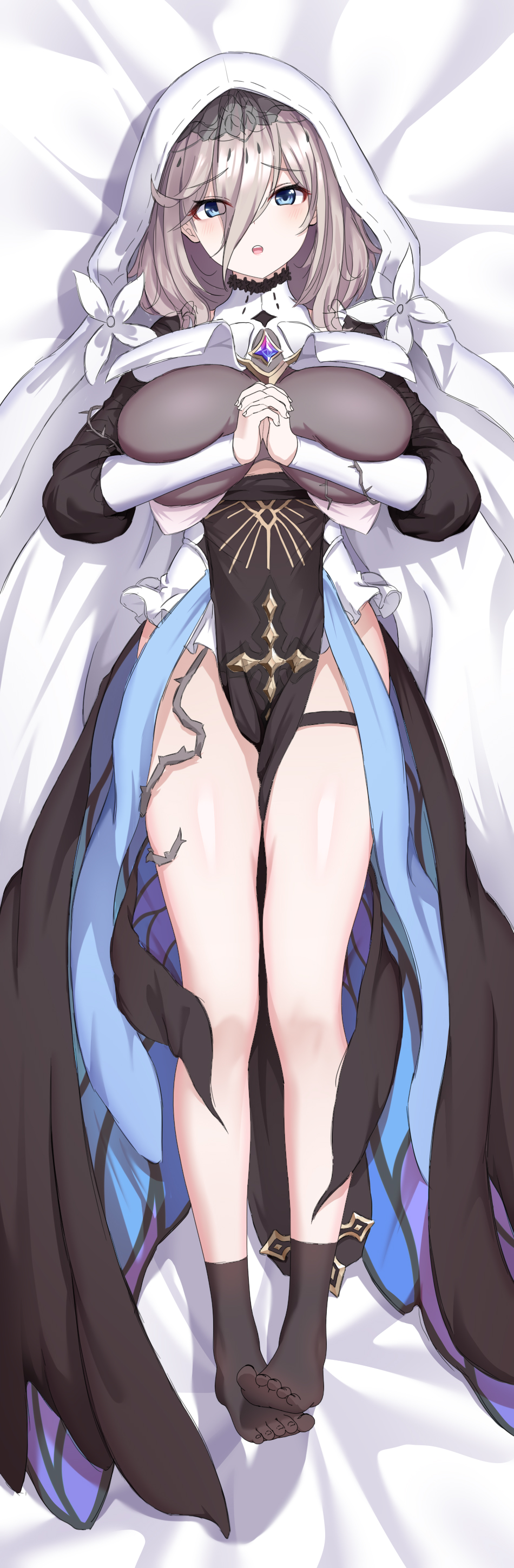 1girl, absurdres, aponia, bare_legs, black_socks, blonde_hair, blue_eyes, blush