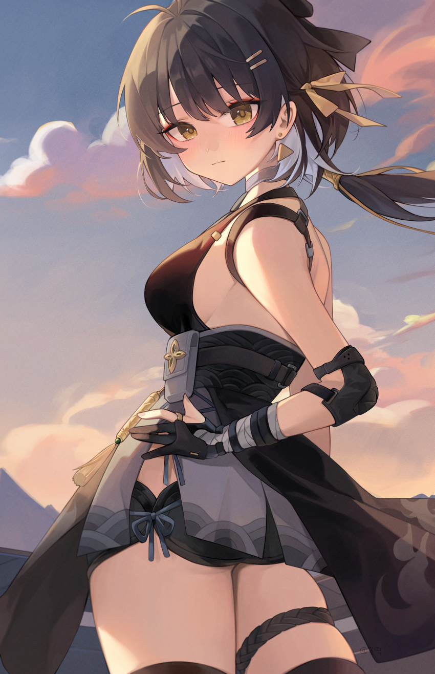 1girl, black_dress, black_gloves, black_hair, breasts, colored_inner_hair, cowboy_shot, dress