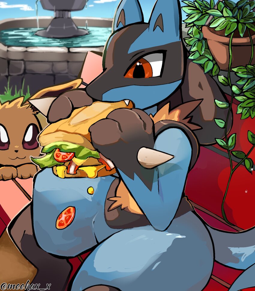 bacon, black_fur, black_hair, blue_fur, bread, brown_eyes, cheese, eating