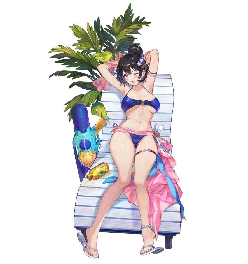 1girl, anklet, armpits, arms_behind_head, artist_request, beach_chair, bikini, black_hair