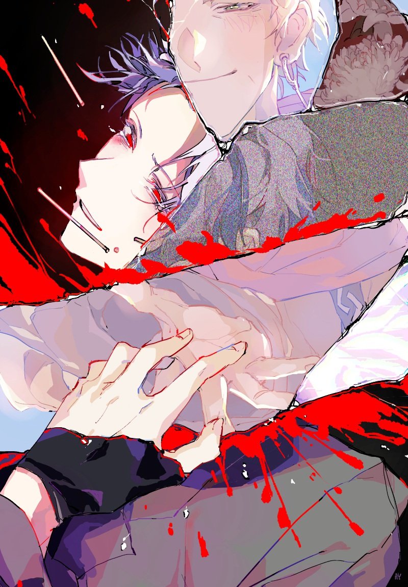 2boys, black_gloves, blonde_hair, blood, commentary_request, earrings, film_grain, gloves