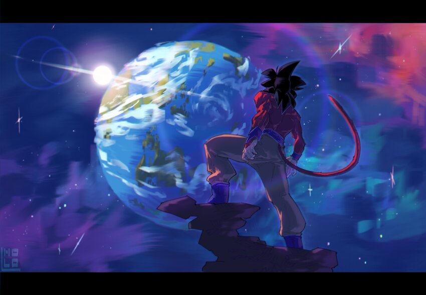 1boy, absurdres, artist_logo, black_hair, blue_sash, body_fur, commentary, dragon_ball