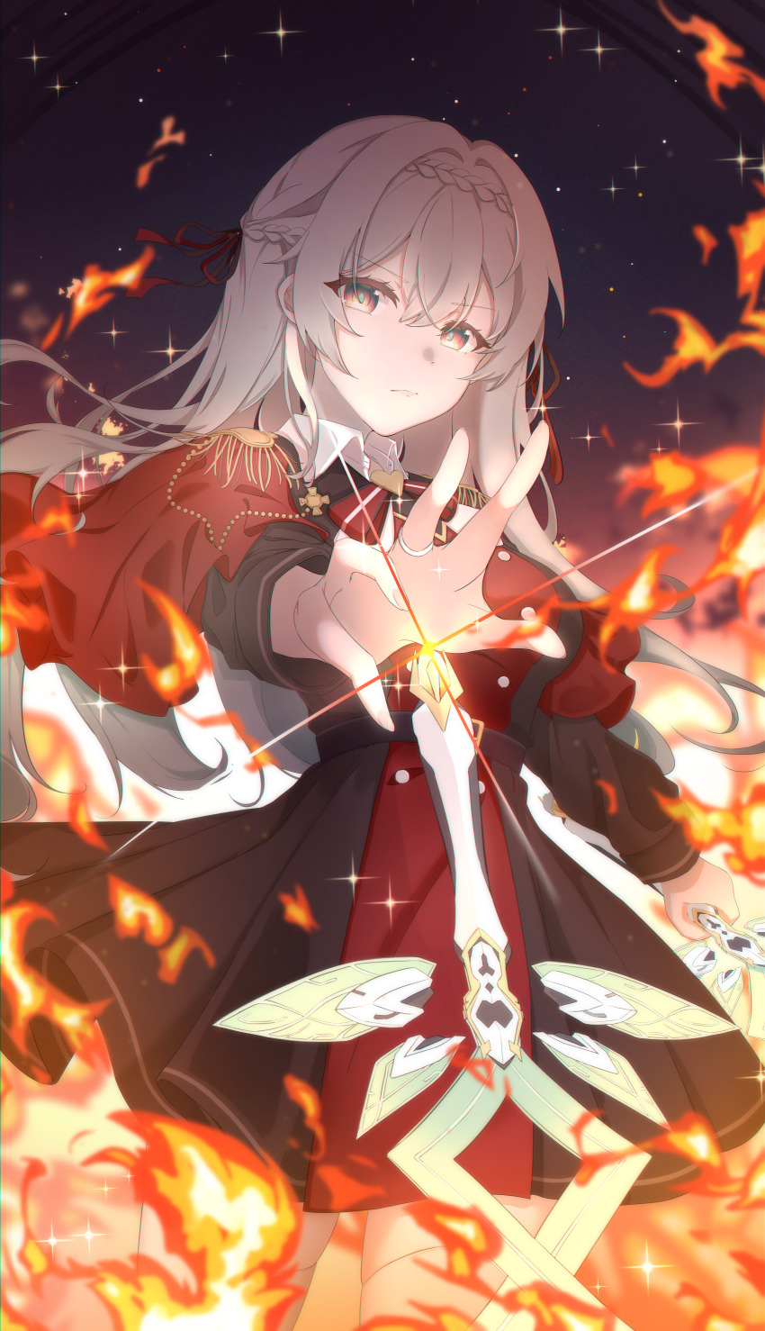 1girl, absurdres, akar1, black_dress, braid, capelet, closed_mouth, collar, commentary_request, cowboy_shot, dress, epaulettes, fire, firefly_(honkai:_star_rail), firefly_(vision)_(honkai:_star_rail), green_pupils, hair_between_eyes, hair_intakes, hair_ribbon, half_updo, highres, honkai:_star_rail, honkai_(series), jewelry, long_hair, looking_at_viewer, official_alternate_costume, open_hand, orange_eyes, outstretched_arm, red_capelet, red_dress, red_ribbon, ribbon, ring, sidelocks, solo, sword, thighhighs, two-tone_dress, weapon, white_collar, white_hair, white_thighhighs