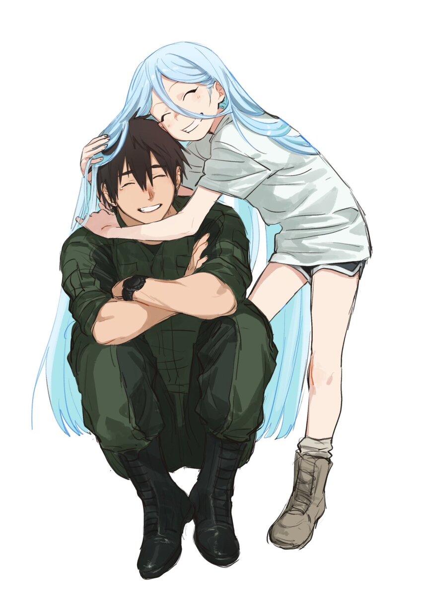 1boy, 1girl, 53_(kanimisomrmr), ao_isami, black_footwear, black_hair, boots, brown_footwear, closed_eyes, crossed_arms, full_body, green_jumpsuit, grey_shirt, grin, hand_on_another's_head, hand_on_another's_shoulder, highres, hug, jumpsuit, light_blush, long_hair, lulu_(bang_bravern), shirt, short_hair, short_shorts, shorts, simple_background, sitting, smile, very_long_hair, watch, white_background, white_hair, wristwatch, yuuki_bakuhatsu_bang_bravern