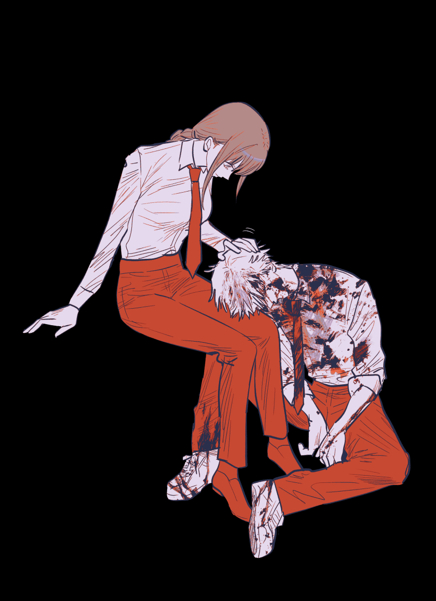 13x39, 1boy, 1girl, absurdres, black_background, blood, blood_in_hair, blood_on_clothes, braid, breasts, chainsaw_man, closed_mouth, collared_shirt, commentary_request, denji_(chainsaw_man), head_on_another's_leg, lap_pillow, headpat, highres, invisible_chair, korean_commentary, lying_on_person, long_sleeves, makima_(chainsaw_man), medium_breasts, monochrome, necktie, pants, shirt, short_hair, simple_background, single_braid, sitting, sleeves_rolled_up, smile