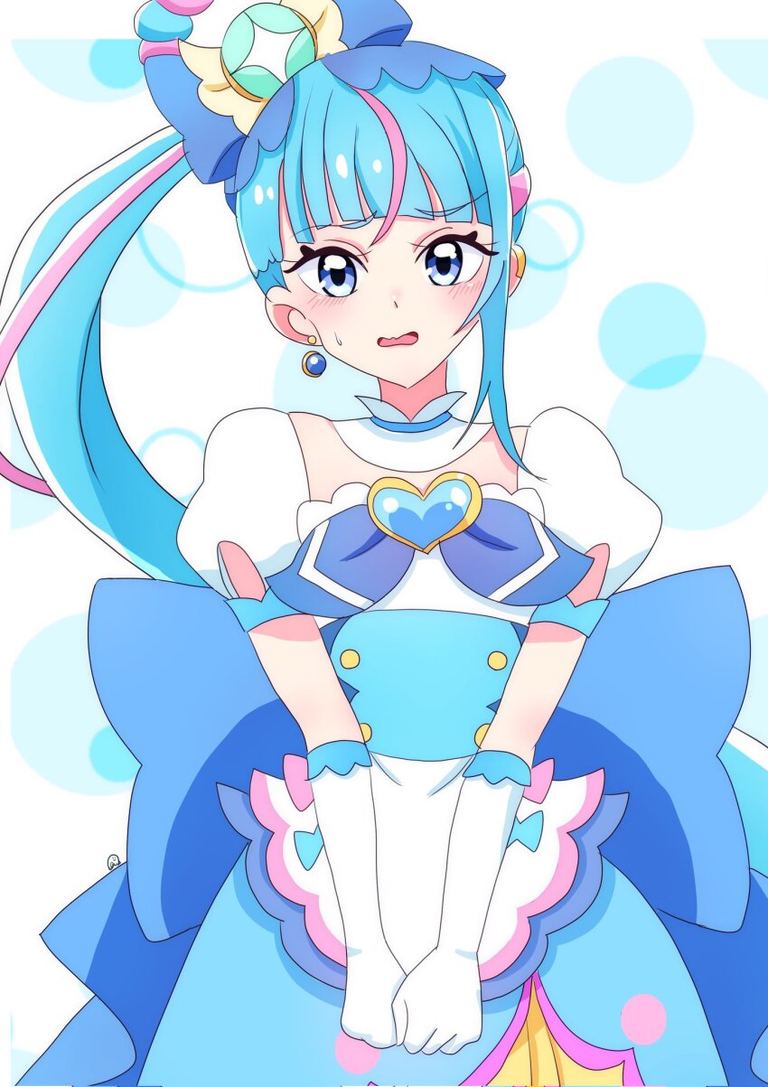 1girl, blue_dress, blue_eyes, blue_hair, blush, collar, cosplay, cure_sky