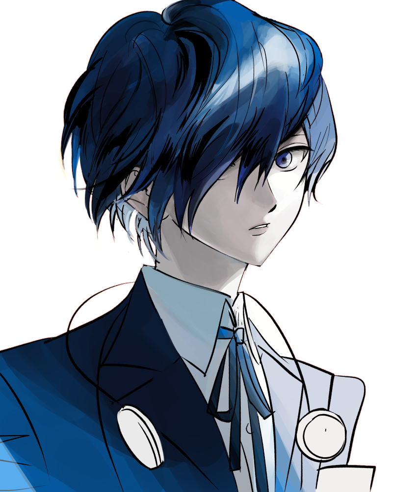 13x39, 1boy, absurdres, blue_eyes, blue_hair, blue_jacket, blue_ribbon, collared_shirt, commentary, highres, jacket, korean_commentary, male_focus, neck_ribbon, parted_lips, persona, persona_3, portrait, ribbon, shirt, simple_background, solo, white_background, white_shirt, yuuki_makoto_(persona_3)
