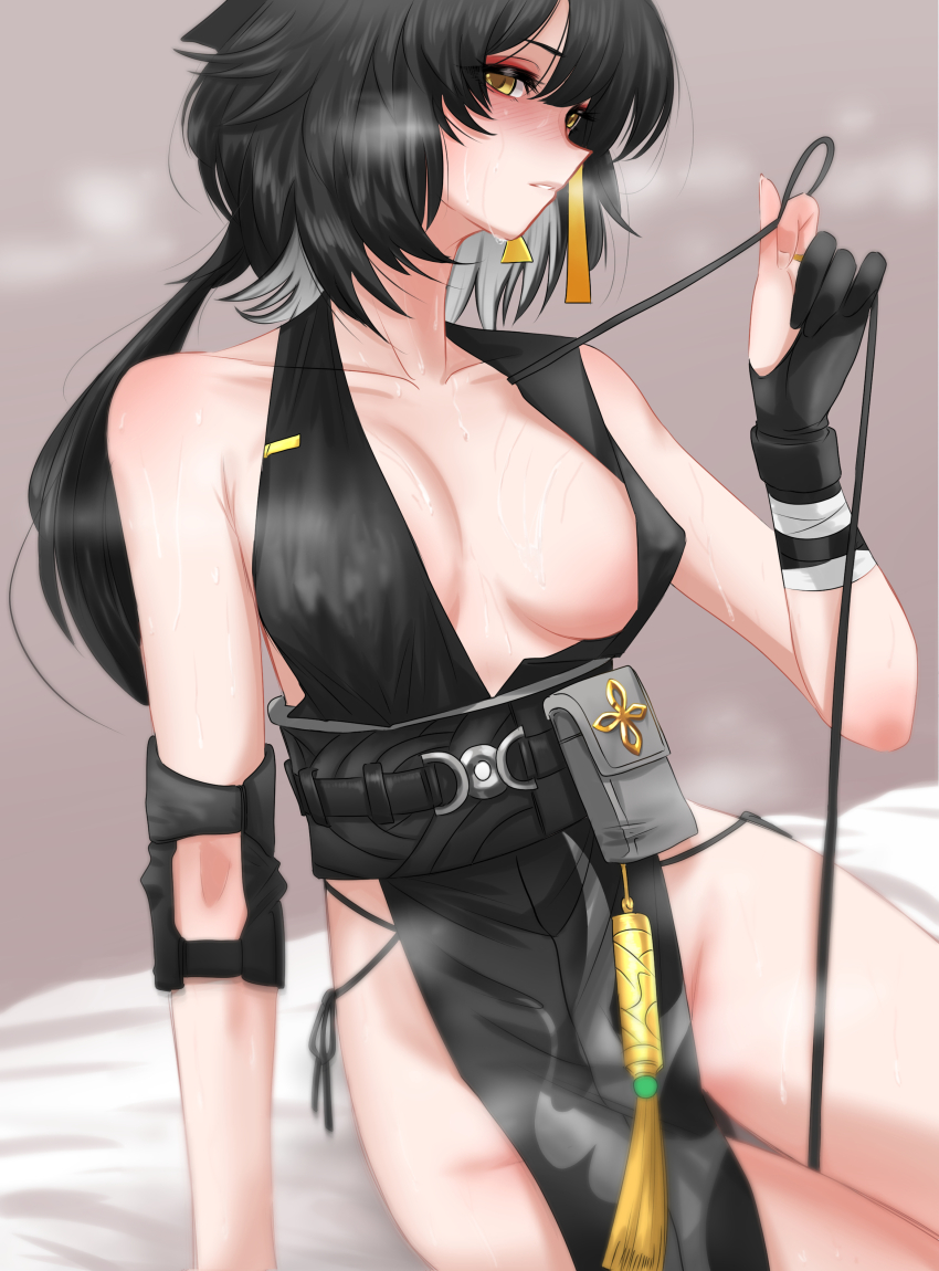 absurdres, armpit_crease, bandaged_arm, bandages, bare_shoulders, black_bow, black_dress, black_gloves, black_hair, blush, bow, breasts, cleavage, collarbone, colored_inner_hair, commentary_request, dress, earrings, elbow_pads, female_rover_(wuthering_waves), gloves, groin, hair_bow, heavy_breathing, highres, ingukoon, jewelry, knees_out_of_frame, korean_commentary, large_breasts, long_hair, looking_at_viewer, low-tied_long_hair, multicolored_hair, parted_lips, partially_fingerless_gloves, pelvic_curtain, pulling_own_clothes, rover_(wuthering_waves), sidelocks, single_elbow_pad, sitting, sweat, white_hair, wuthering_waves, yellow_eyes