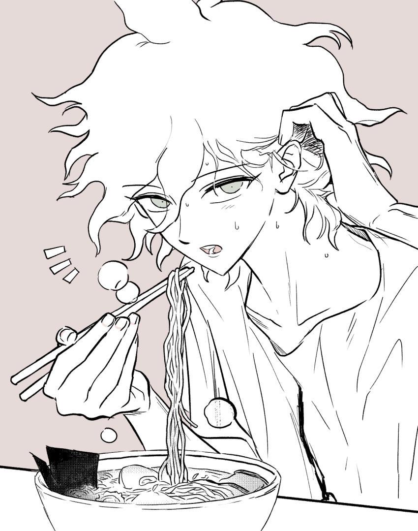 13x39, 1boy, brown_background, chopsticks, commentary_request, danganronpa_(series), danganronpa_2:_goodbye_despair, food