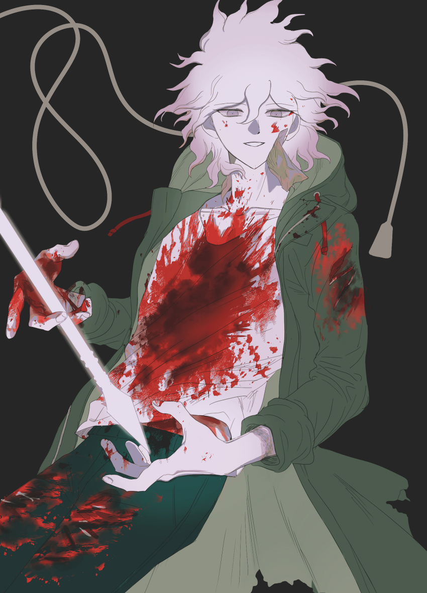 13x39, 1boy, absurdres, black_background, blood, blood_on_clothes, blood_on_face, blood_on_hands