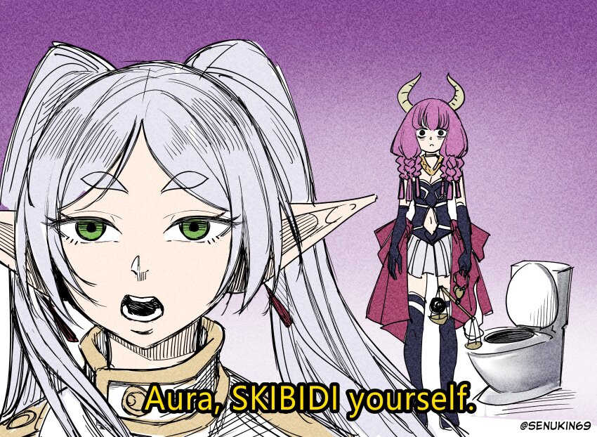 2girls, absurdres, aura_(sousou_no_frieren), aura_bullying_(meme), black_gloves, braid, demon_girl, demon_horns