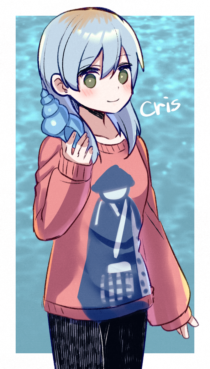 1girl, black_pants, blue_hair, blush, character_name, cris_(omori), green_eyes, happy, long_hair, looking_at_viewer, medium_hair, omori, pants, red_shirt, seashell, shell, shirt, smile, solo, yutsu
