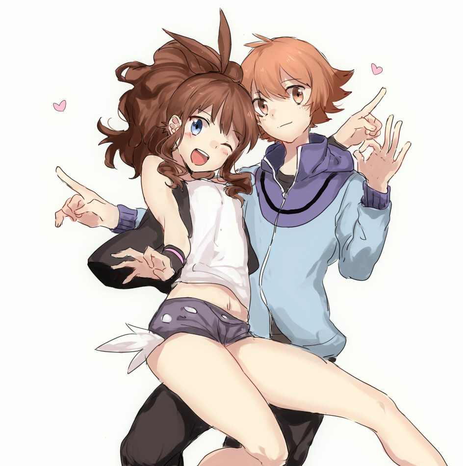 1boy, 1girl, baseball_cap, blue_eyes, blue_jacket, breasts, brown_eyes, brown_hair, denim, denim_shorts, exposed_pocket, hat, heart, hilbert_(pokemon), hilda_(pokemon), jacket, looking_at_viewer, navel, nintendo, one_eye_closed, pokemon, pokemon_black_and_white, ponytail, roku1010, shirt, shorts, small_breasts, smile, white_shirt
