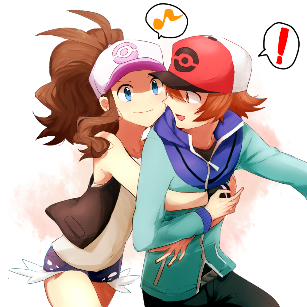 !, 1boy, 1girl, baseball_cap, blue_eyes, blue_jacket, brown_eyes, brown_hair