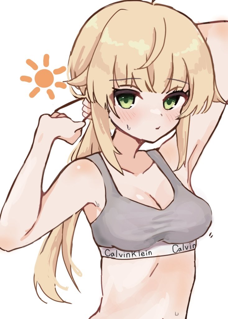 1girl, adjusting_hair, arm_behind_head, armpits, baru_4416, blonde_hair, blush, bra, breasts, calvin_klein, cleavage, closed_mouth, eyebrows_hidden_by_hair, green_eyes, grey_bra, hair_between_eyes, hair_tie, looking_at_viewer, motion_lines, mushoku_tensei, norn_greyrat, ponytail, simple_background, small_breasts, solo, sports_bra, sun_symbol, sweat, underwear, upper_body, white_background