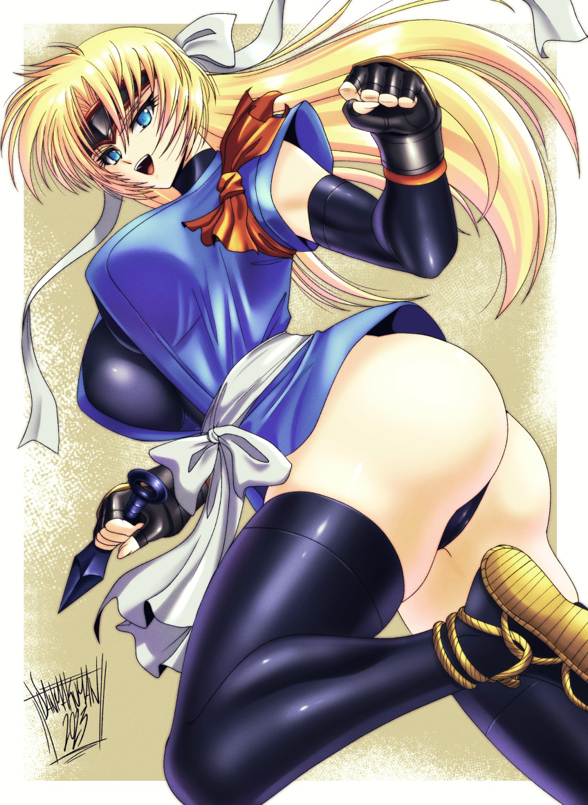 1girl, absurdres, artist_name, ass, blonde_hair, blue_eyes, breasts, clenched_hand