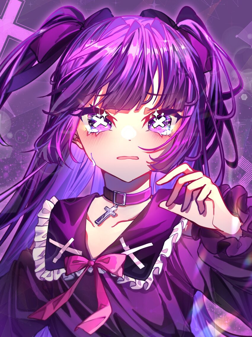 1girl, anda_(tuyu), belt_collar, blush, bow, bright_pupils, choker, collar