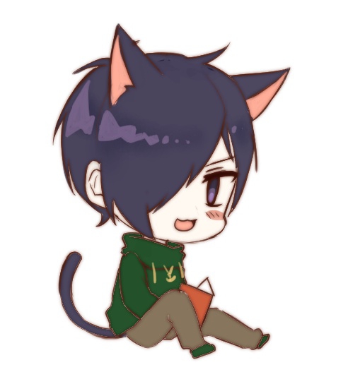 1boy, :3, aiba_ibuki, animal_ears, blush_stickers, book, brown_pants, cat_boy