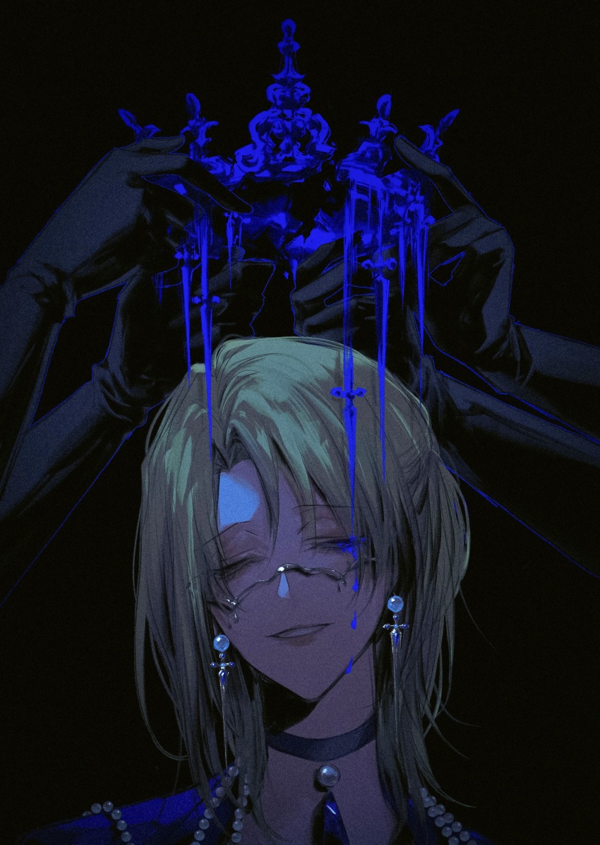 1girl, absurdres, black_background, black_gloves, blonde_hair, blue_crown, choker, closed_eyes