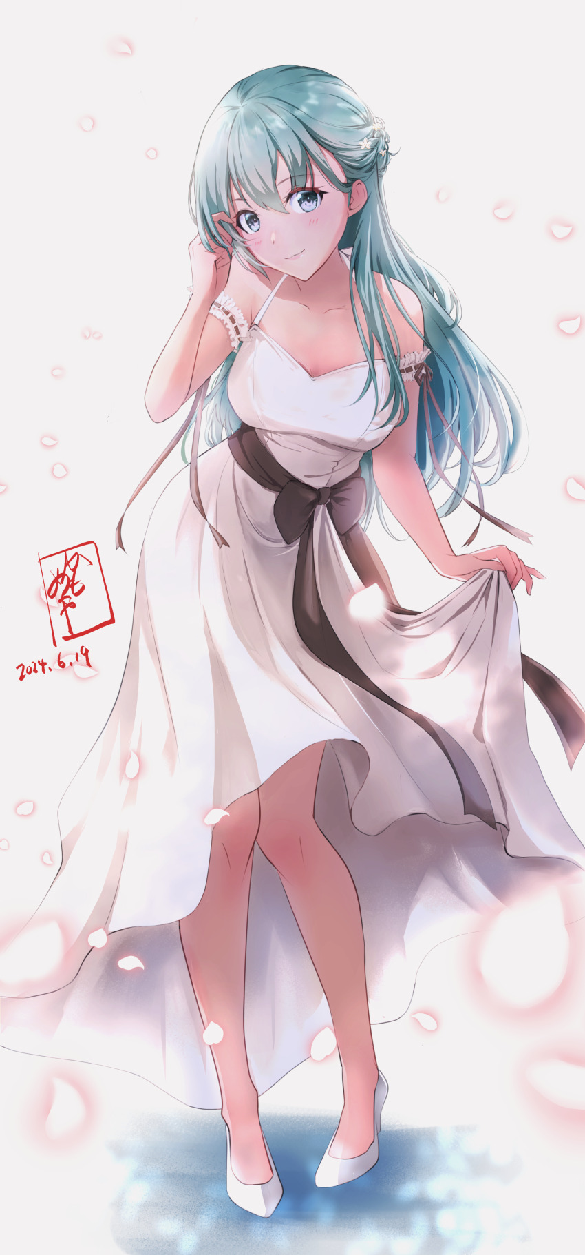 1girl, absurdres, aqua_eyes, aqua_hair, breasts, commission, dress, flower