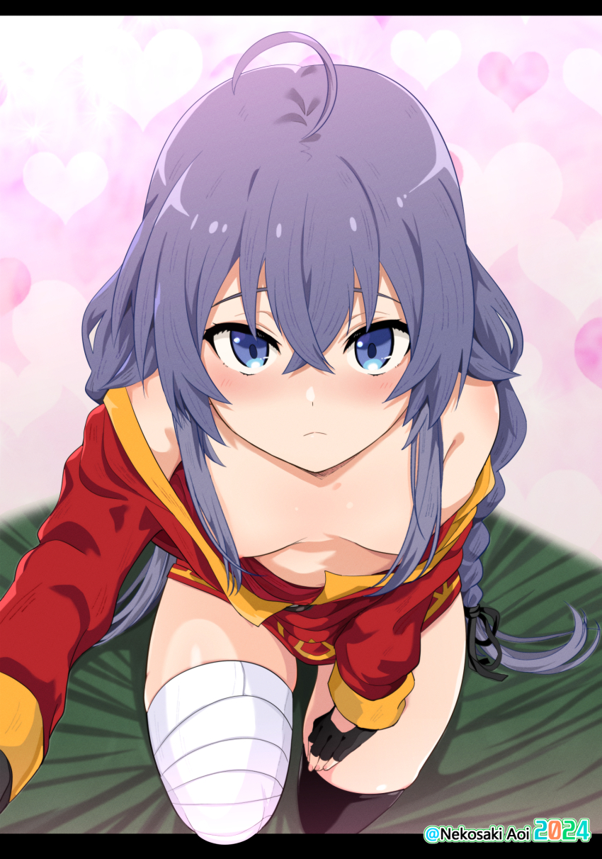 1girl, ahoge, areola_slip, bandaged_leg, bandages, black_gloves, black_thighhighs, blue_eyes