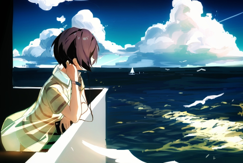 1boy, aiba_ibuki, black_hair, blue_sky, chinese_commentary, cloud, collared_shirt, commentary_request