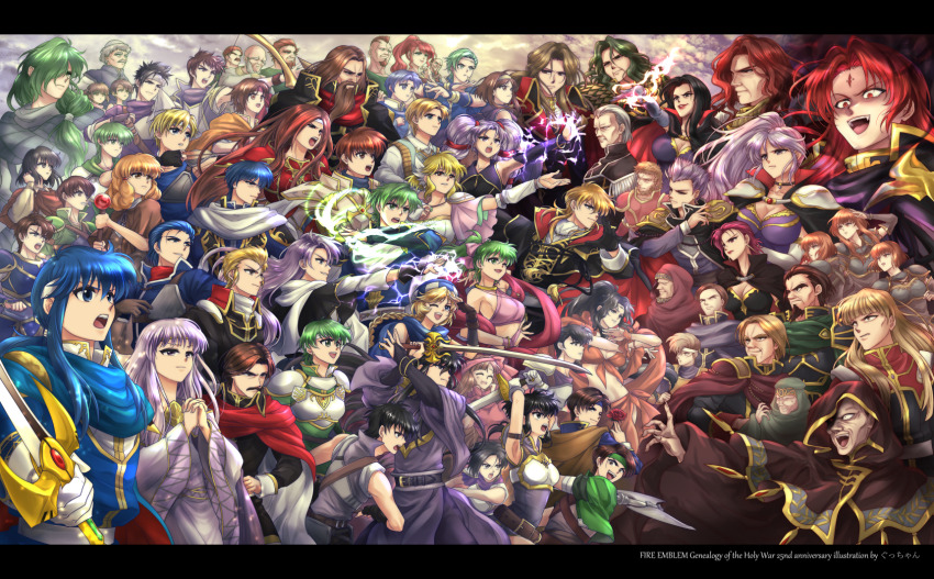 6+boys, 6+girls, aiming, altena_(fire_emblem), amid_(fire_emblem), anna_(fire_emblem), annotated, ares_(fire_emblem), arion_(fire_emblem), arthur_(fire_emblem:_genealogy_of_the_holy_war), arvis_(fire_emblem), asaello_(fire_emblem), bald, beard, black_hair, bleg_(fire_emblem), blonde_hair, bloom_(fire_emblem), blue_eyes, blue_hair, bow_(weapon), bramsel_(fire_emblem), breasts, brian_(fire_emblem), brown_eyes, brown_hair, cape, ced_(fire_emblem), charlot_(fire_emblem), circlet, cleavage, coirpre_(fire_emblem), commentary_request, copyright_name, creidne_(fire_emblem), daisy_(fire_emblem), dalvin_(fire_emblem), danann_(fire_emblem), deimne_(fire_emblem), diarmuid_(fire_emblem), facial_hair, febail_(fire_emblem), fee_(fire_emblem), fingerless_gloves, finn_(fire_emblem), fire_emblem, fire_emblem:_genealogy_of_the_holy_war, flower, gloves, green_eyes, green_hair, grey_hair, hair_over_one_eye, hairband, hannibal_(fire_emblem), hat, hawk_(fire_emblem), headband, hermina_(fire_emblem), highres, hilda_(fire_emblem:_genealogy_of_the_holy_war), holding, holding_bow_(weapon), holding_sword, holding_weapon, ishtar_(fire_emblem), ishtore_(fire_emblem), iuchar_(fire_emblem), iucharba_(fire_emblem), javarro_(fire_emblem), jeanne_(fire_emblem), jewelry, julia_(fire_emblem), julius_(fire_emblem), kutuzov_(fire_emblem), lana_(fire_emblem), larcei_(fire_emblem), laylea_(fire_emblem), leif_(fire_emblem), lene_(fire_emblem), lester_(fire_emblem), letterboxed, lewyn_(fire_emblem), linda_(fire_emblem:_genealogy_of_the_holy_war), liza_(fire_emblem), mabel_(fire_emblem), manfroy_(fire_emblem), meng_(fire_emblem), muirne_(fire_emblem), multiple_boys, multiple_girls, musar_(fire_emblem), mustache, nanna_(fire_emblem), necklace, nintendo, oifey_(fire_emblem), open_mouth, ovo_(fire_emblem), palmarch_(fire_emblem), patty_(fire_emblem), purple_eyes, purple_hair, red_eyes, red_flower, red_hair, scathach_(fire_emblem), scipio_(fire_emblem), seliph_(fire_emblem), shannan_(fire_emblem), smile, sword, tine_(fire_emblem), travant_(fire_emblem), triston_(fire_emblem), weapon, yuki_cryp_a