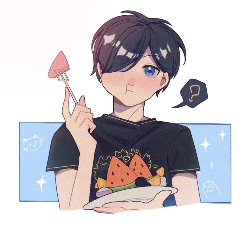 1boy, :t, ?, aiba_ibuki, black_hair, black_shirt, chinese_commentary, closed_mouth