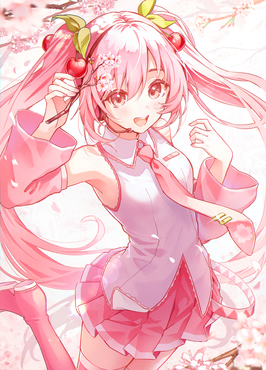 1girl, :d, arched_back, arm_up, bare_shoulders, boots, breasts, cherry_blossoms