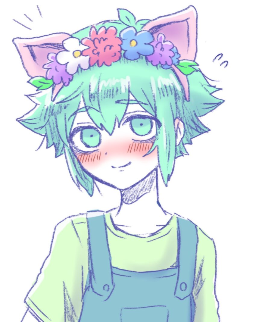 1boy, animal_ears, basil_(headspace)_(omori), basil_(omori), blue_overalls, cat_ears, collarbone, fake_animal_ears