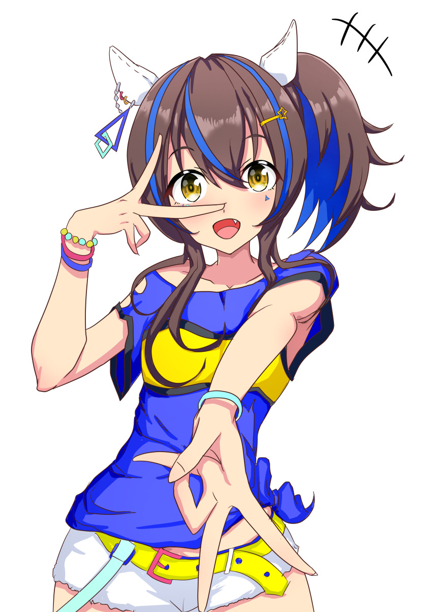 1girl, absurdres, animal_ears, bare_shoulders, belt, blue_hair, breasts, brown_eyes