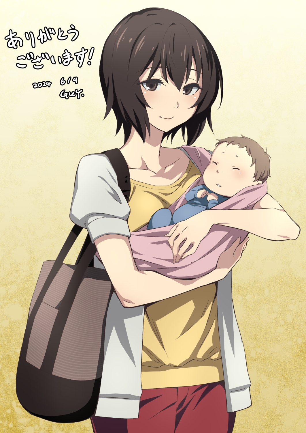 1boy, 1girl, aged_up, artist_name, baby, baby_carry, bag, black_eyes, black_hair, boku_dake_ga_inai_machi, cardigan, carrying, collarbone, commission, cowboy_shot, dated, grey_cardigan, handbag, highres, hinazuki_kayo, mother_and_child, mother_and_son, nakahira_guy, open_cardigan, open_clothes, pants, parent_and_child, red_pants, shirt, short-sleeved_sweater, short_hair, short_sleeves, signature, skeb_commission, smile, spoilers, sugita_mirai, sweater, thank_you, yellow_shirt