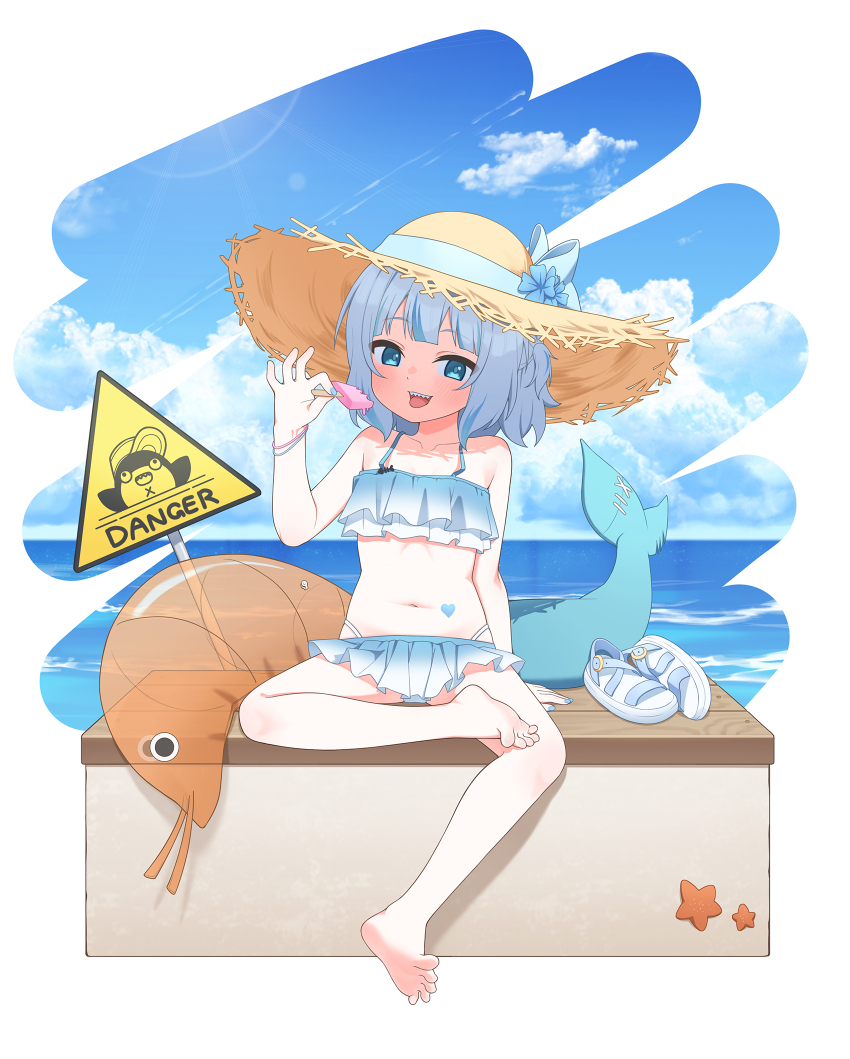 1girl, bare_legs, bare_shoulders, barefoot, beach, bikini, bloop_(gawr_gura), blue_eyes