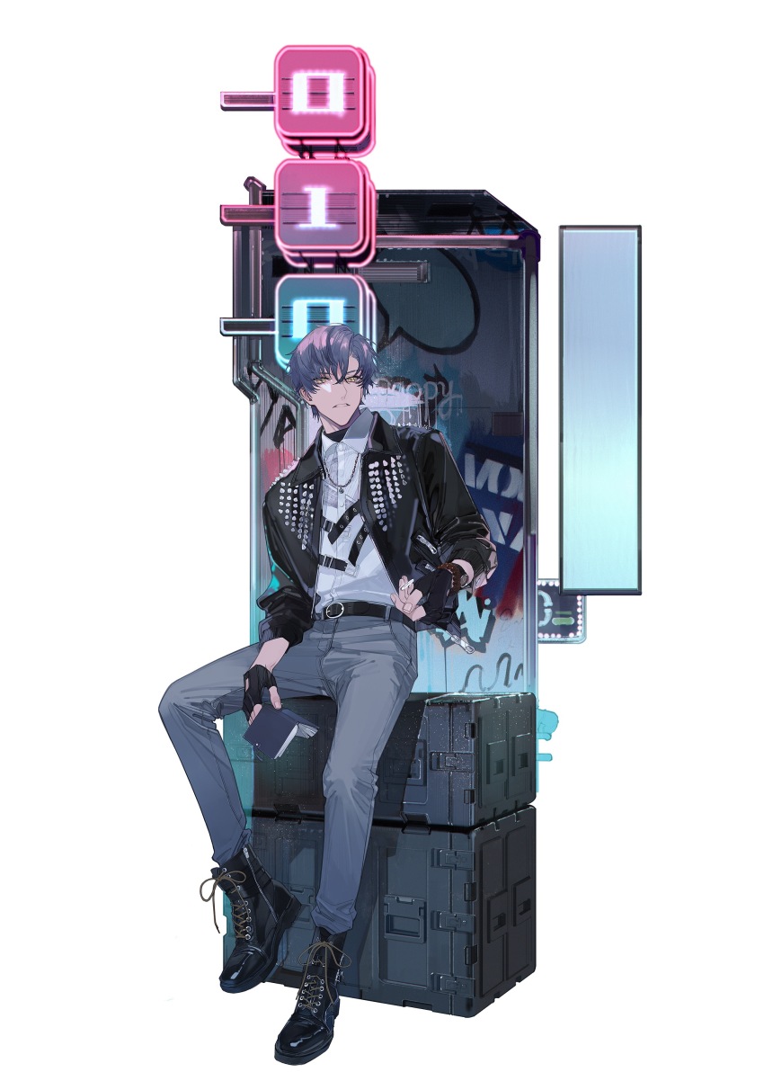 1boy, absurdres, bead_bracelet, beads, belt, belt_buckle, black_belt, black_boots