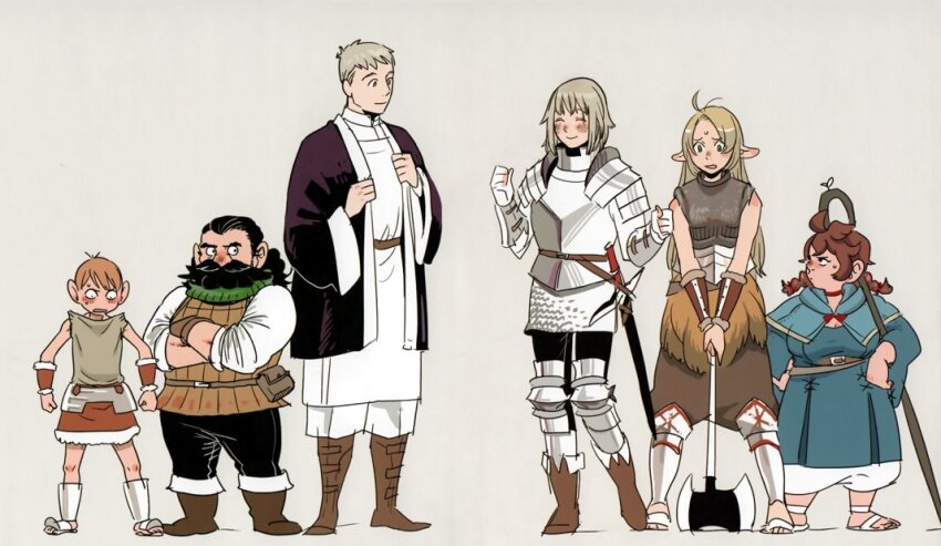 3boys, 3girls, ambrosia_(dungeon_meshi), armor, axe, battle_axe, beard, black_hair