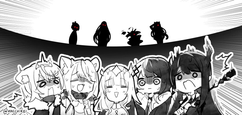 6+girls, =_=, ^^^, absurdres, animal_ear_fluff, animal_ears, asymmetrical_horns, blush, cecilia_immergreen, closed_eyes, closed_mouth, commentary, demon_horns, dog_ears, dog_girl, elizabeth_rose_bloodflame, elizabeth_rose_bloodflame_(1st_costume), english_commentary, fur-trimmed_jacket, fur_trim, fuwawa_abyssgard, fuwawa_abyssgard_(1st_costume), gigi_murin, greyscale, hair_between_eyes, hair_ornament, headpiece, highres, holding, holding_staff, holoadvent, holojustice, hololive, hololive_english, horns, jacket, koseki_bijou, koseki_bijou_(1st_costume), long_hair, macchirei, mococo_abyssgard, mococo_abyssgard_(1st_costume), mole, mole_under_eye, monochrome, multicolored_hair, multiple_girls, nerissa_ravencroft, nerissa_ravencroft_(1st_costume), o_o, one-eyed, open_mouth, raora_panthera, red_eyes, scared, shiori_novella, shiori_novella_(1st_costume), shirt, short_hair, siblings, sisters, split-color_hair, spot_color, staff, sweat, twins, twitter_username, two-tone_hair, uneven_horns, v-shaped_eyebrows, virtual_youtuber