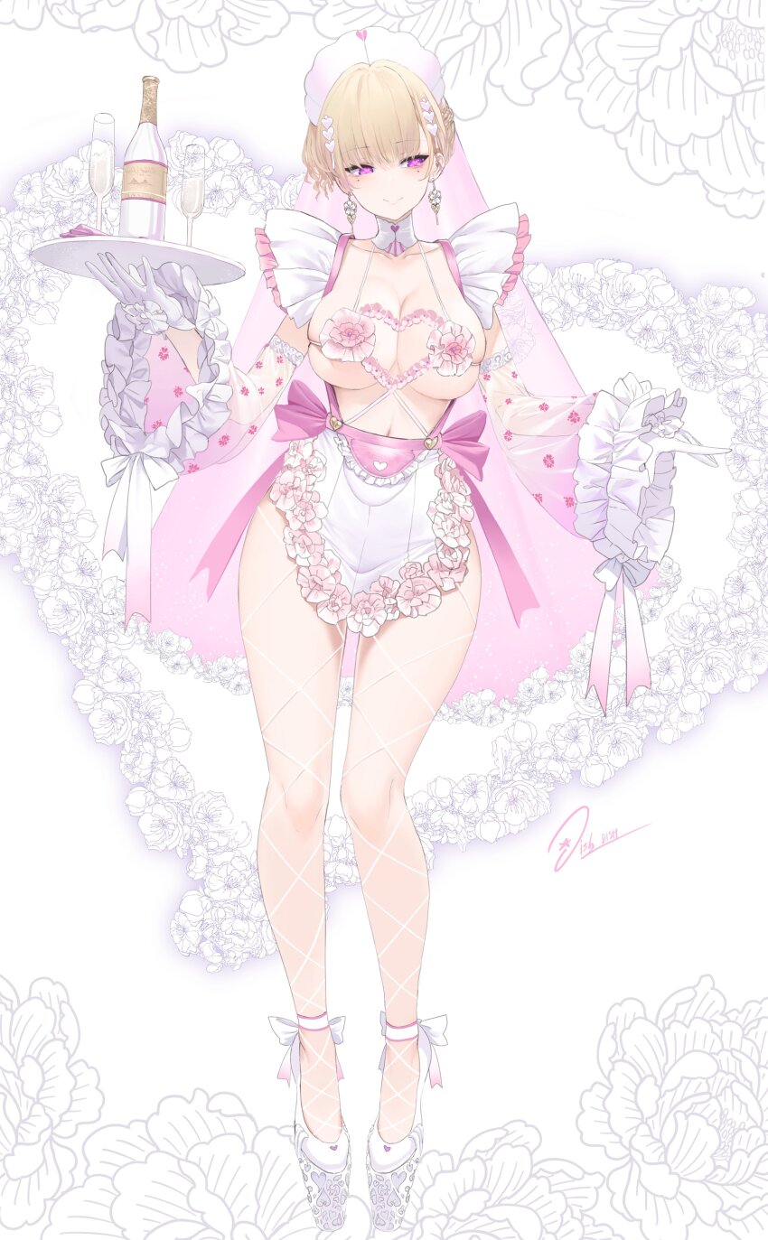 1girl, absurdres, apron, blonde_hair, bottle, breasts, bridal_veil, character_request