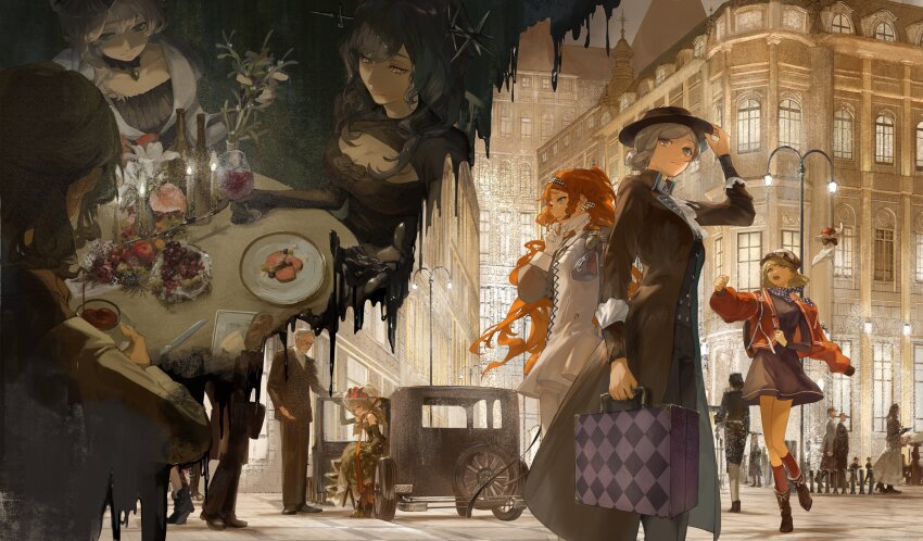 2boys, 6+girls, absurdres, adjusting_clothes, adjusting_headwear, ankle_boots, apple, apple_(reverse:1999)